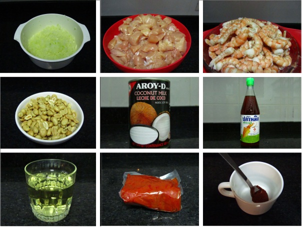 ingredientes receta pollo camaron thai: cebolla, pollo, camarones, maní, leche de coco, salsa de pescado thai, vino blanco, pasta de curry roja 